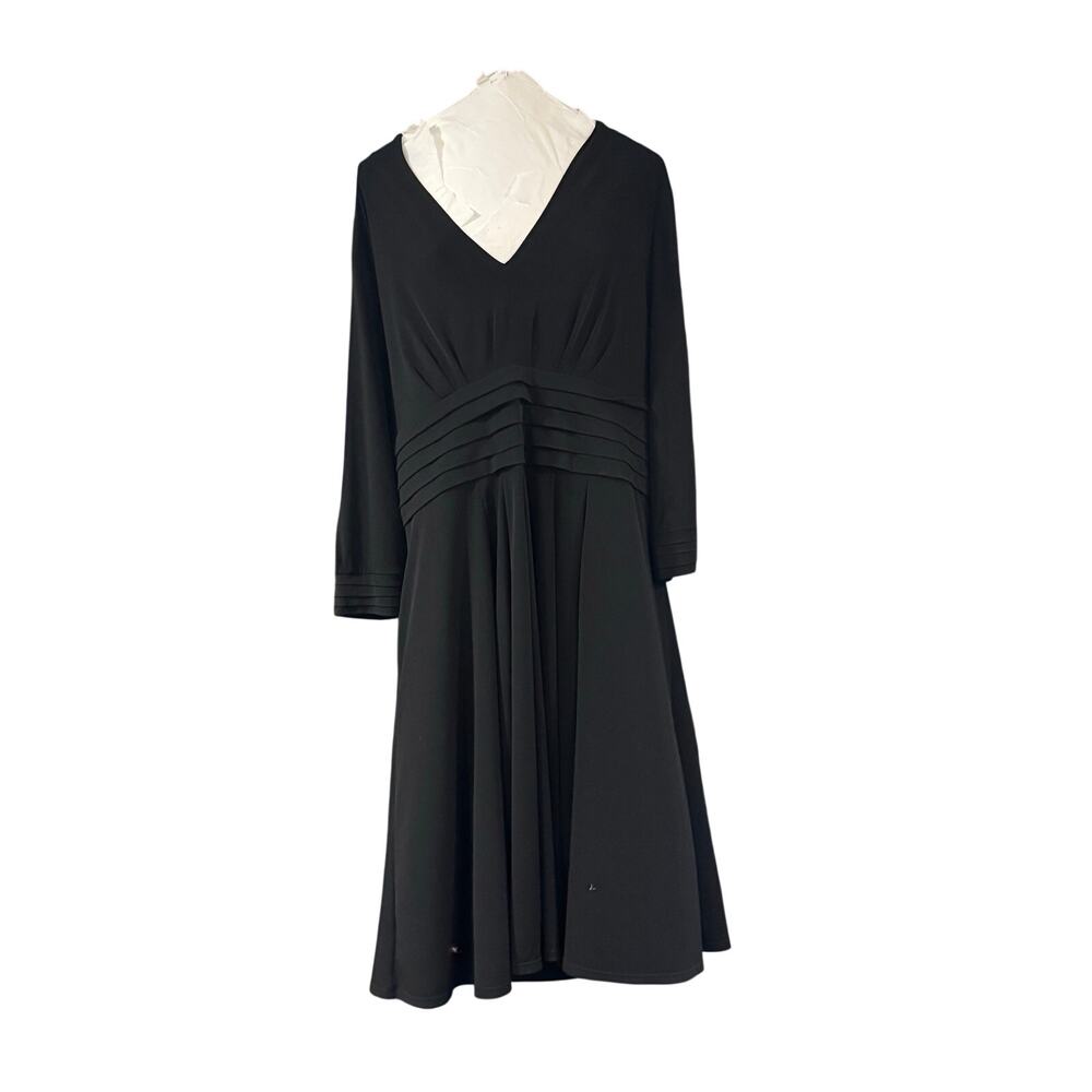 Alfani Woman 1X Black Fit & Flare Dress V Neck Pleated Waist Long Sleeve Midi
